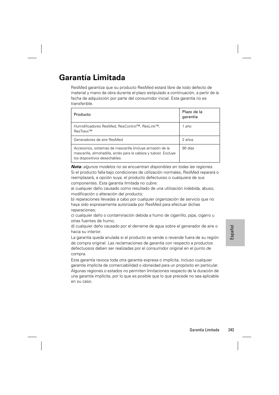 Garantía limitada | ResMed VPAP III & III ST User Manual | Page 249 / 348