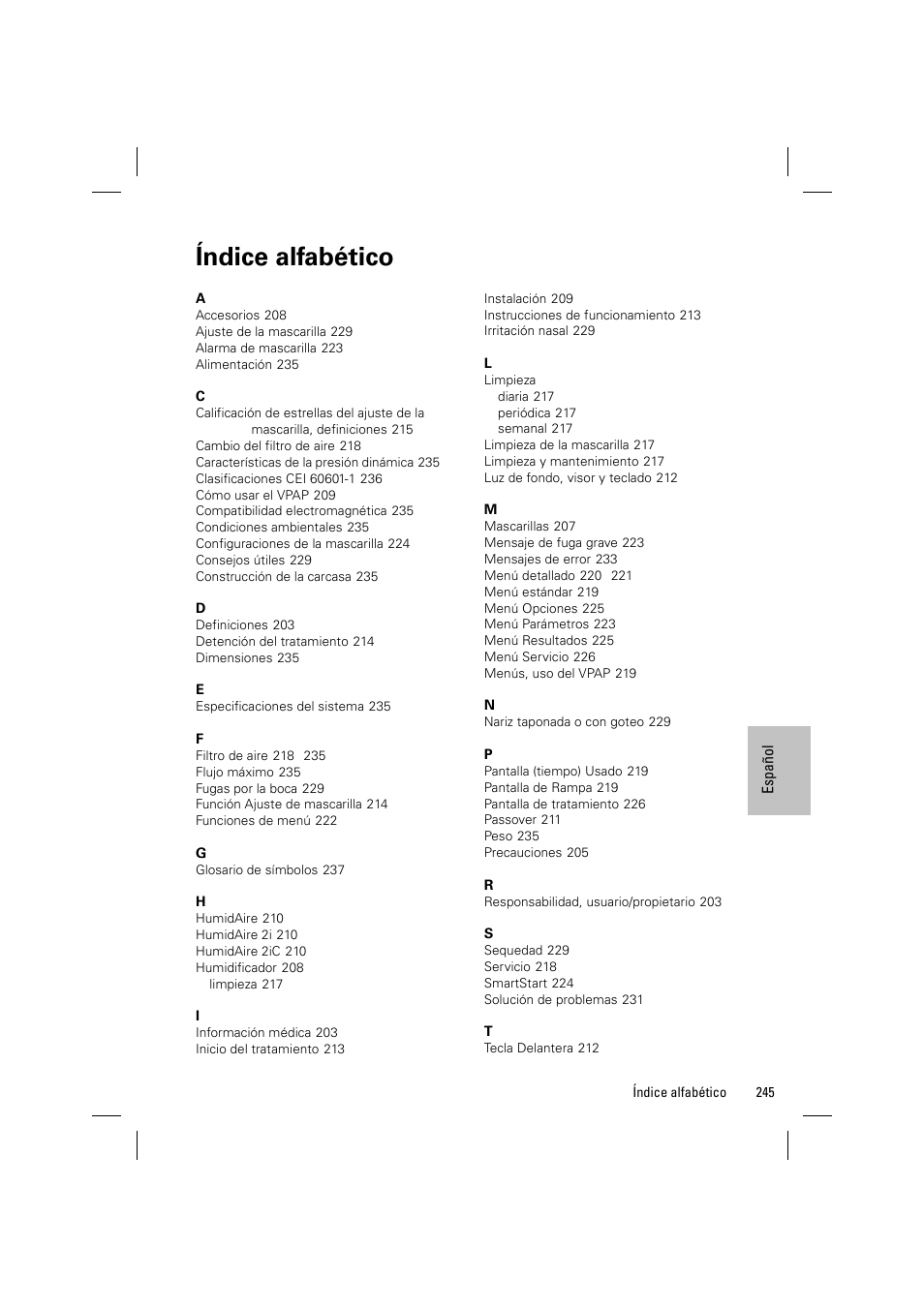 Índice alfabético | ResMed VPAP III & III ST User Manual | Page 251 / 348