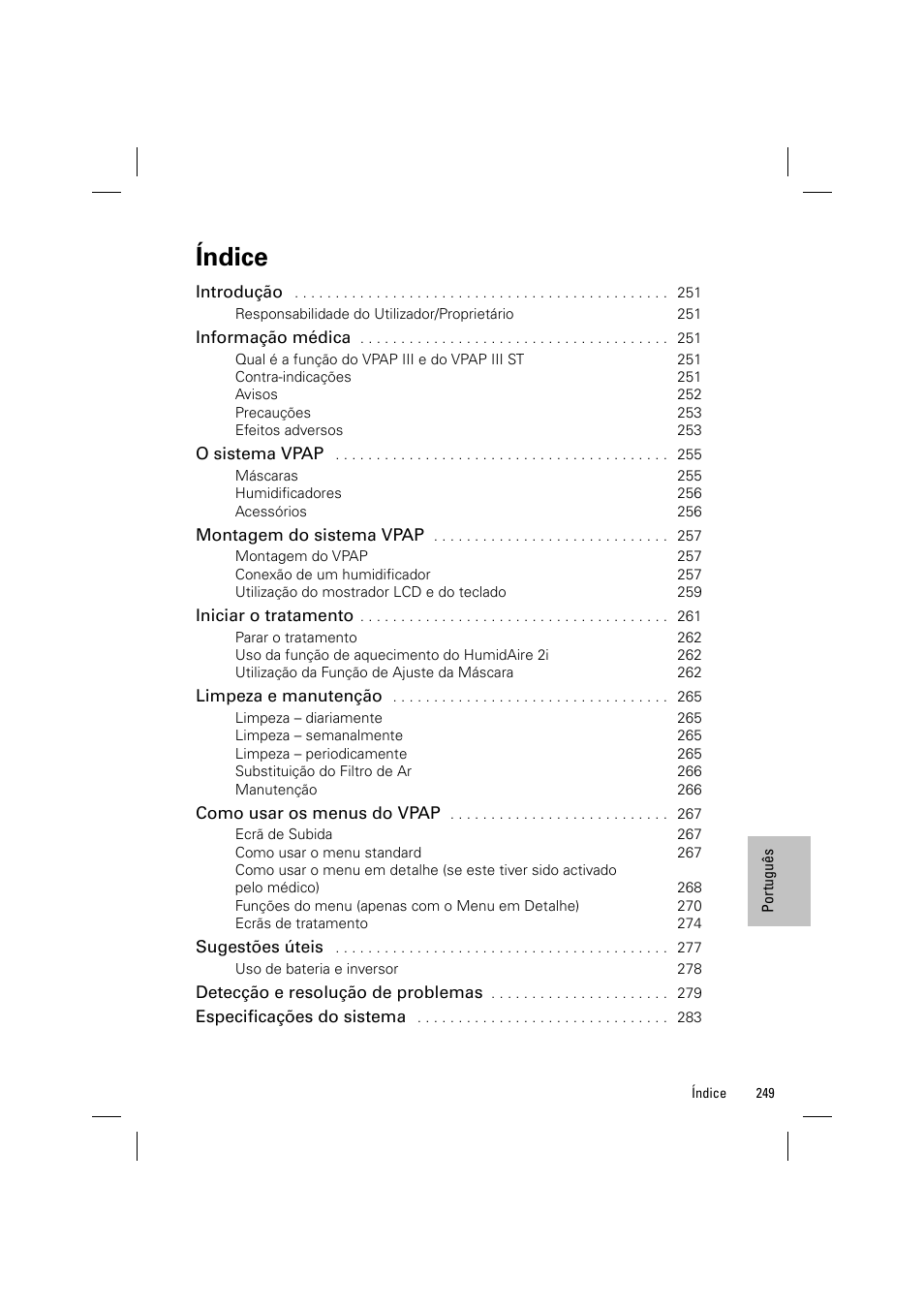 Índice | ResMed VPAP III & III ST User Manual | Page 255 / 348