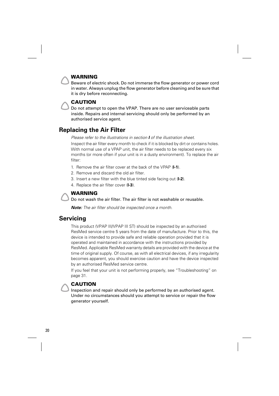 Replacing the air filter, Servicing | ResMed VPAP III & III ST User Manual | Page 26 / 348