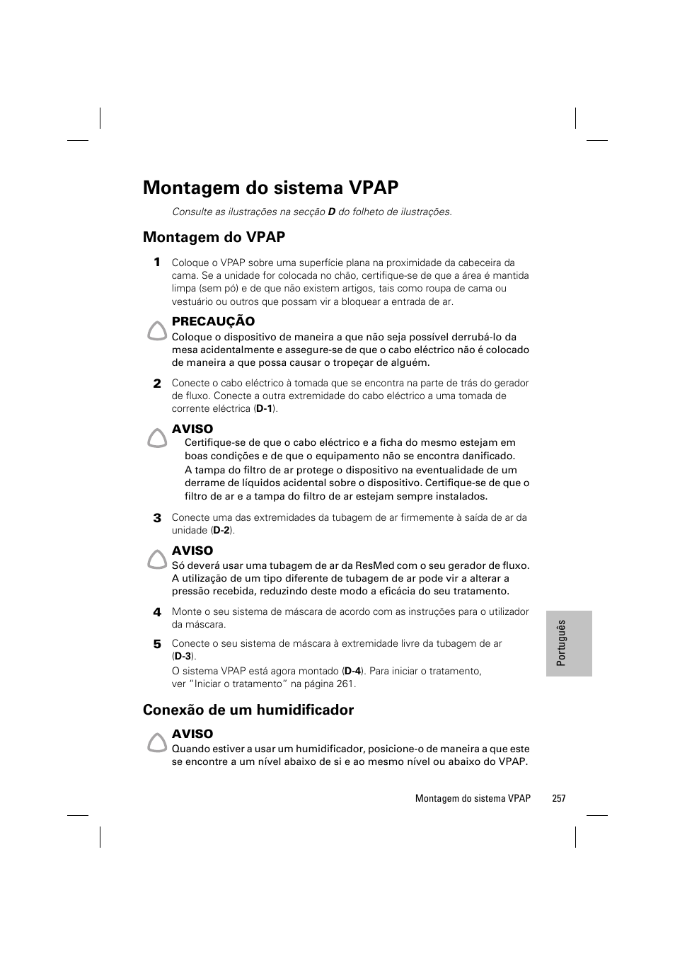 Montagem do sistema vpap, Montagem do vpap, Conexão de um humidificador | ResMed VPAP III & III ST User Manual | Page 263 / 348