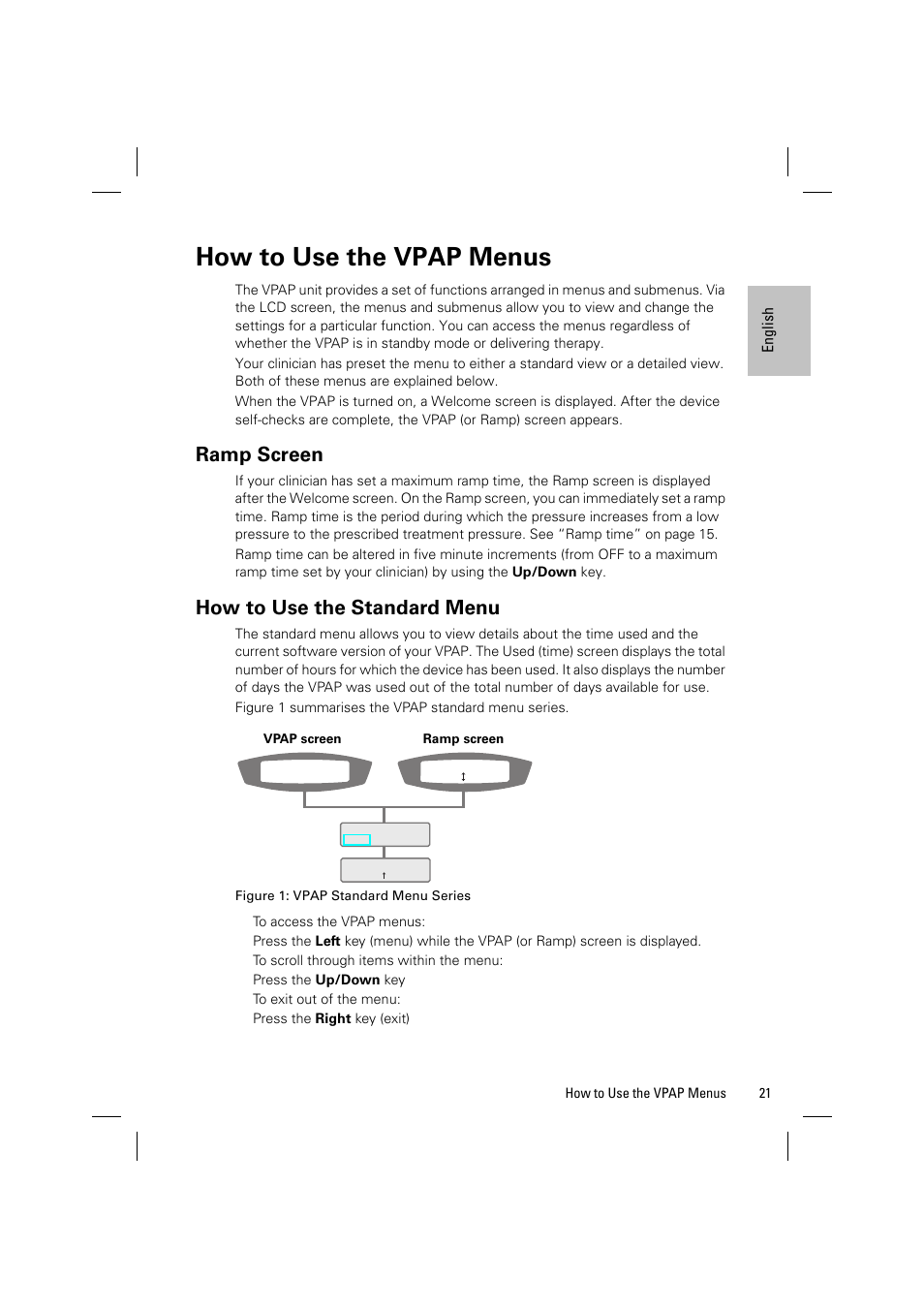 How to use the vpap menus, Ramp screen, How to use the standard menu | ResMed VPAP III & III ST User Manual | Page 27 / 348