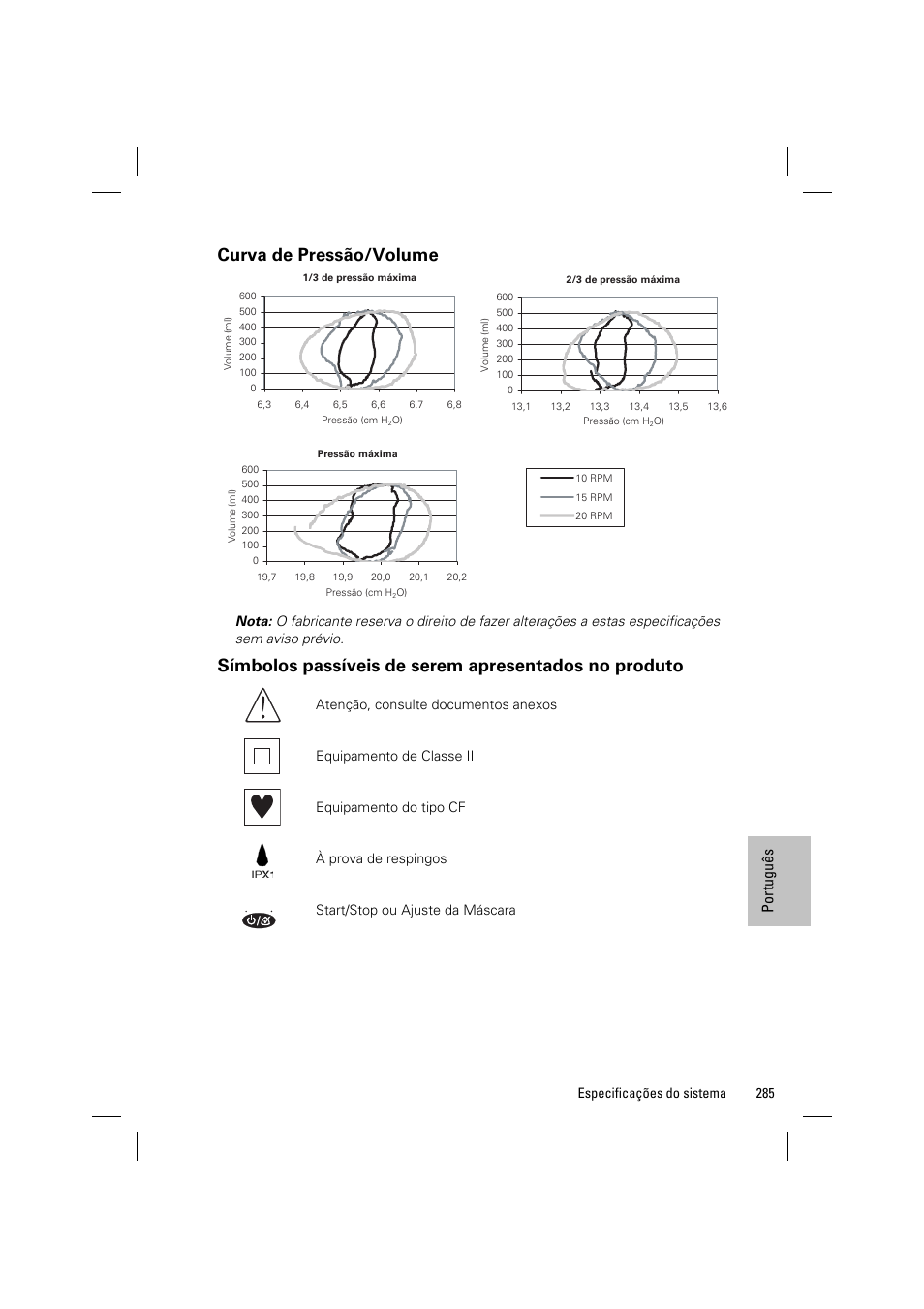 Curva de pressão/volume, Port uguê s | ResMed VPAP III & III ST User Manual | Page 291 / 348