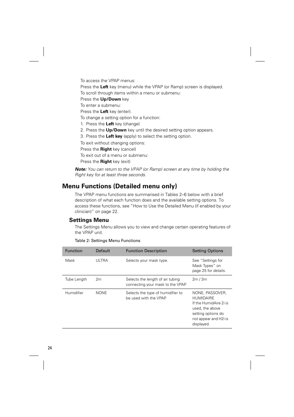 Menu functions (detailed menu only), Settings menu | ResMed VPAP III & III ST User Manual | Page 30 / 348