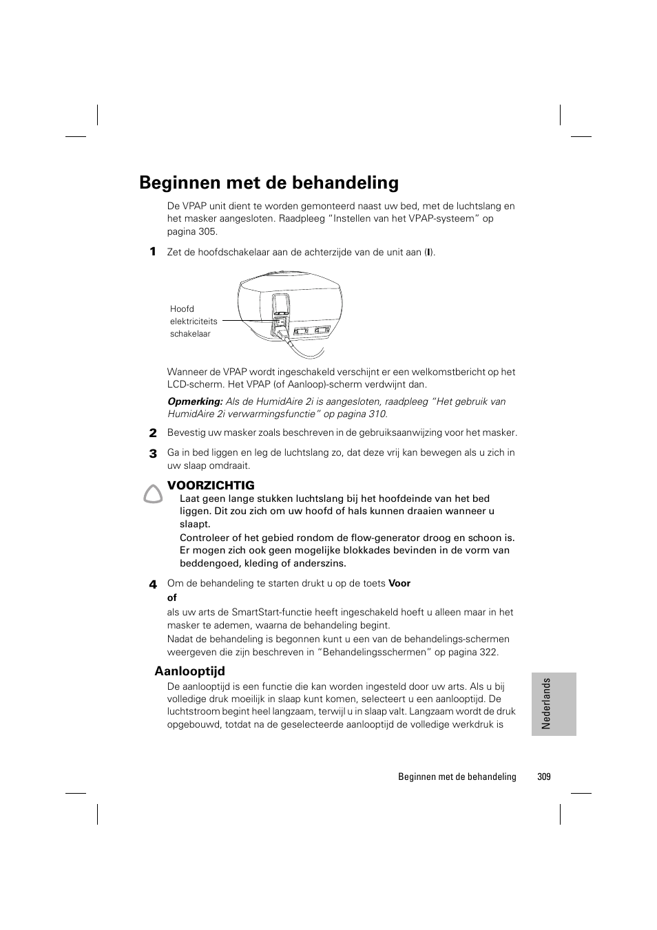 Beginnen met de behandeling | ResMed VPAP III & III ST User Manual | Page 315 / 348