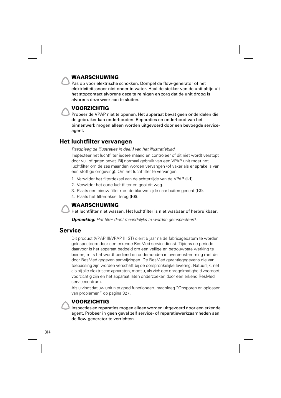 Het luchtfilter vervangen, Service | ResMed VPAP III & III ST User Manual | Page 320 / 348
