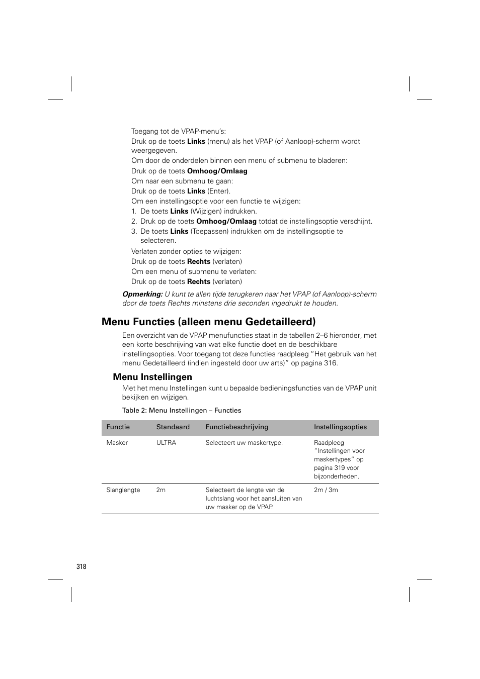 Menu functies (alleen menu gedetailleerd), Menu instellingen | ResMed VPAP III & III ST User Manual | Page 324 / 348