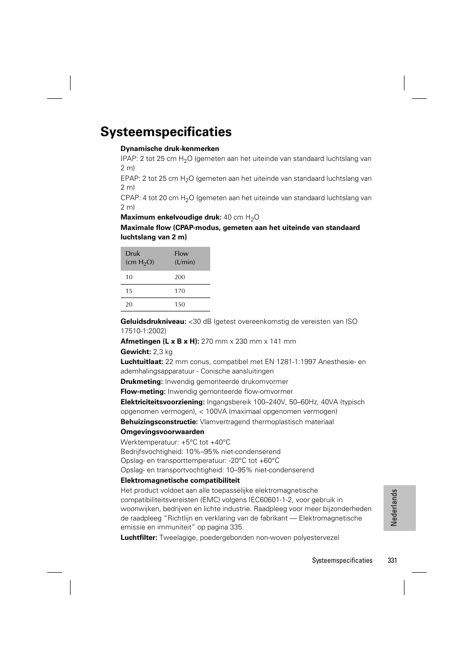 Systeemspecificaties | ResMed VPAP III & III ST User Manual | Page 337 / 348