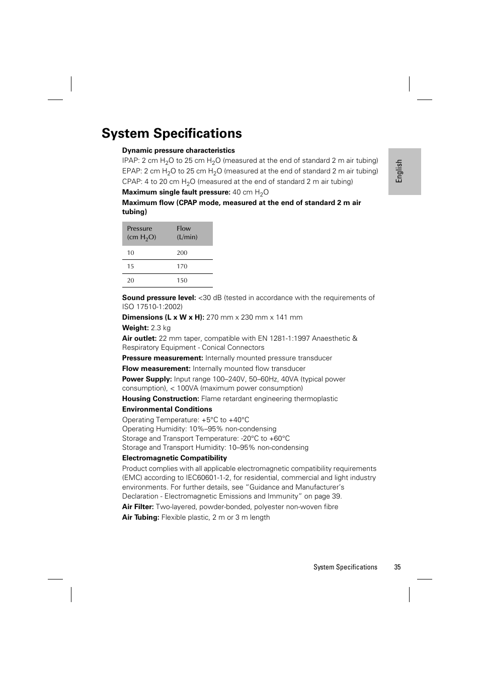 System specifications | ResMed VPAP III & III ST User Manual | Page 41 / 348