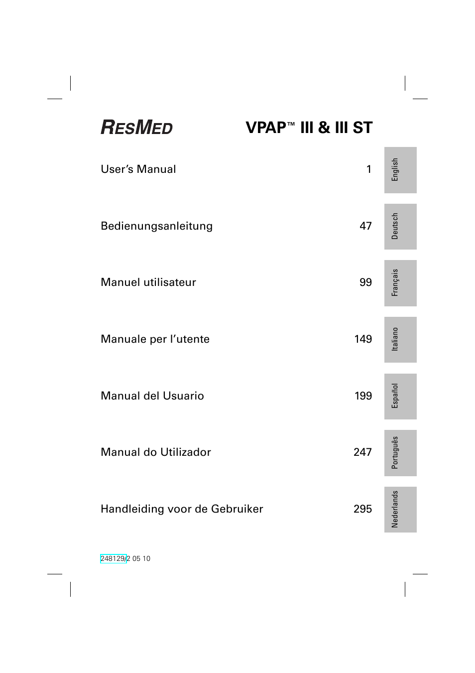 Vpap, Iii & iii st | ResMed VPAP III & III ST User Manual | Page 5 / 348