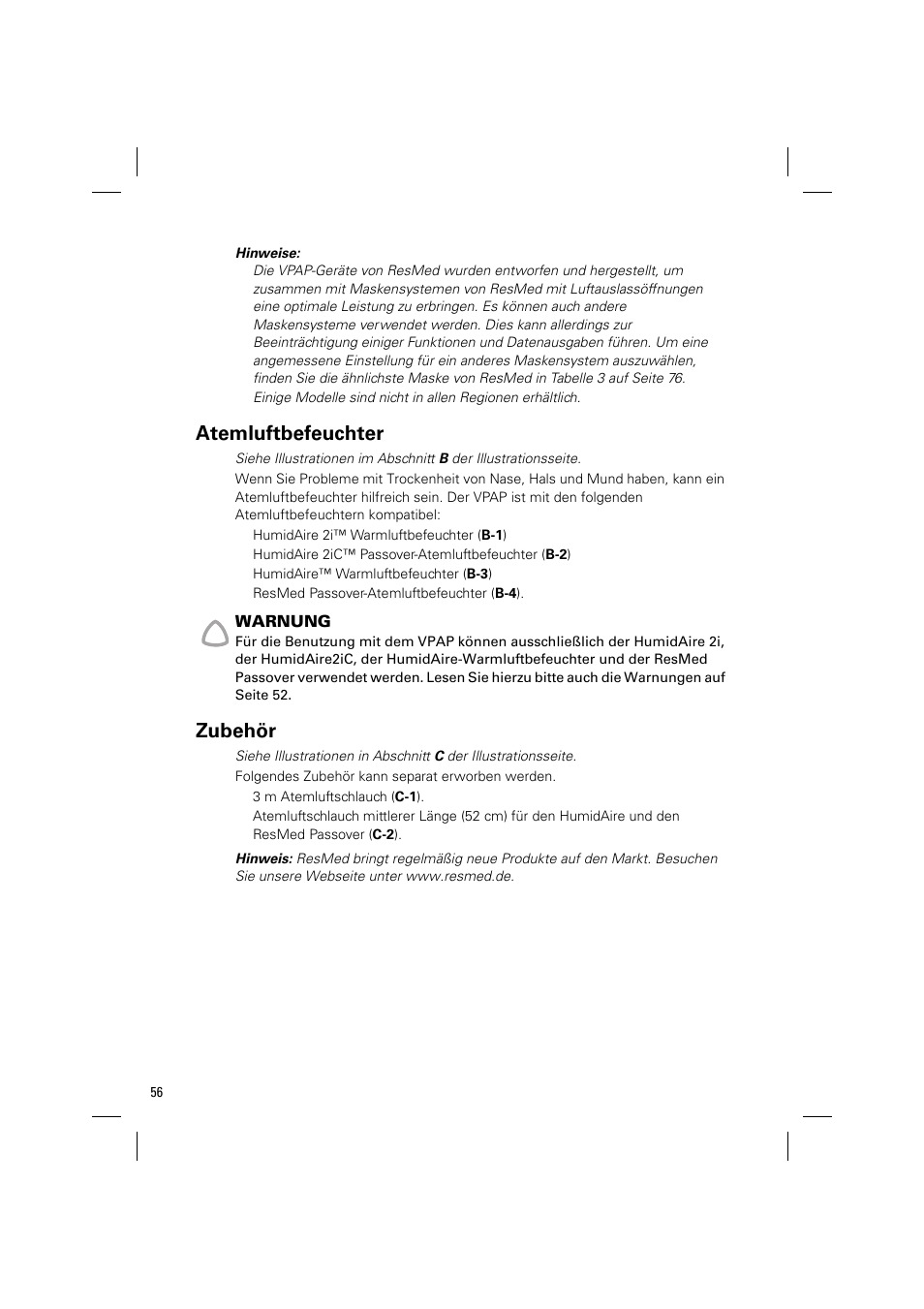 Atemluftbefeuchter, Zubehör | ResMed VPAP III & III ST User Manual | Page 62 / 348