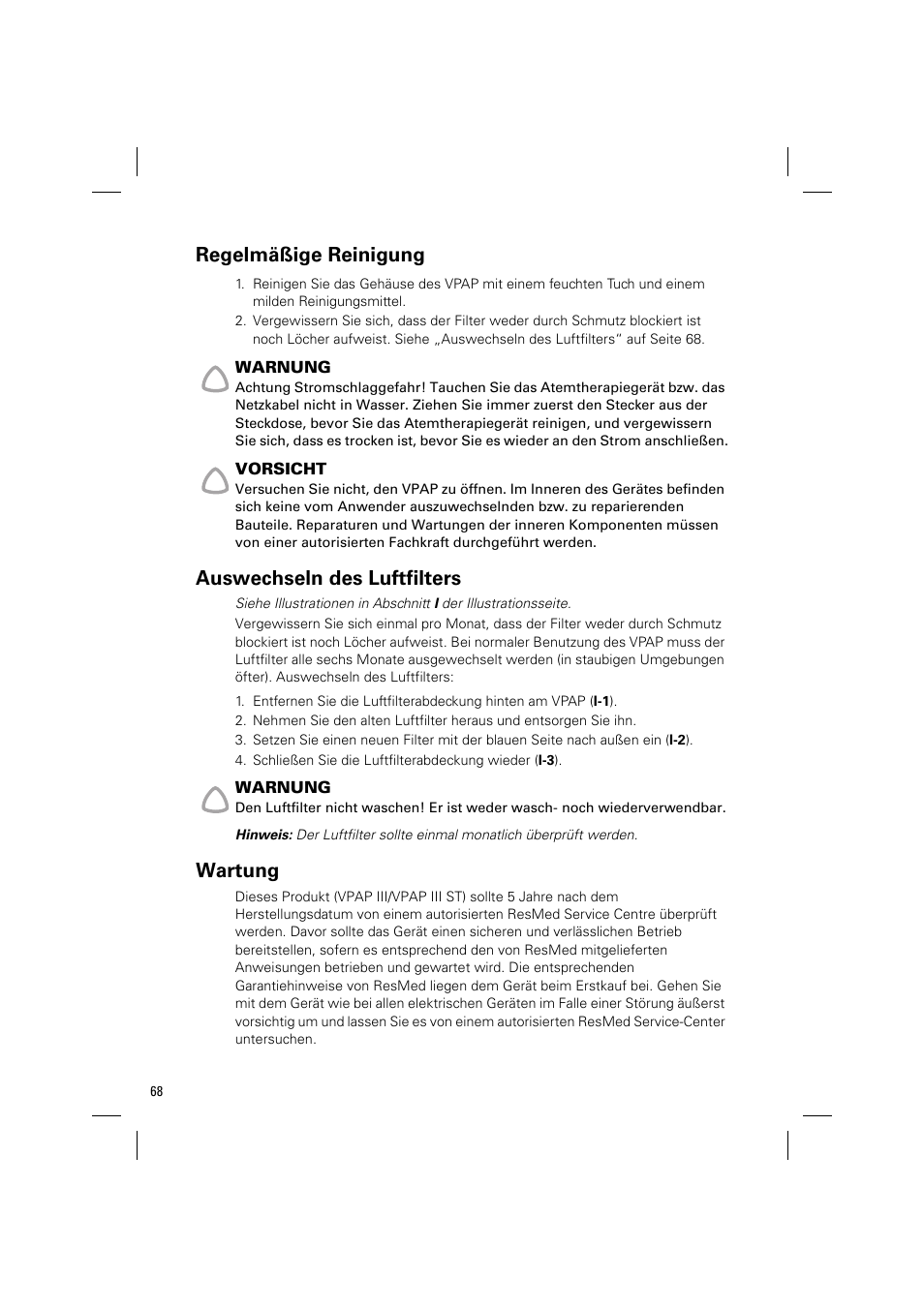 Regelmäßige reinigung, Auswechseln des luftfilters, Wartung | ResMed VPAP III & III ST User Manual | Page 74 / 348