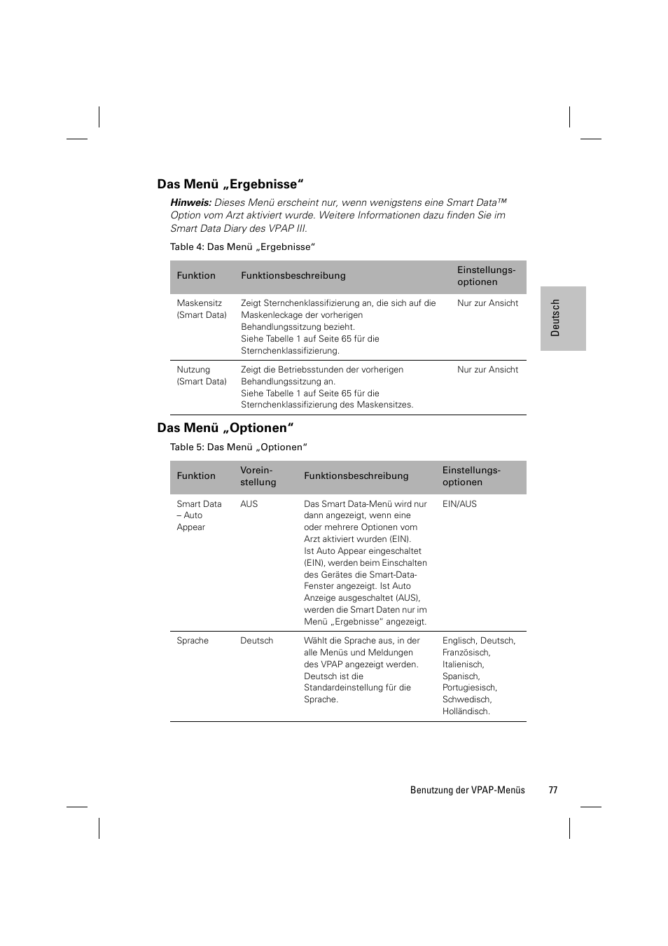 Das menü „ergebnisse, Das menü „optionen | ResMed VPAP III & III ST User Manual | Page 83 / 348