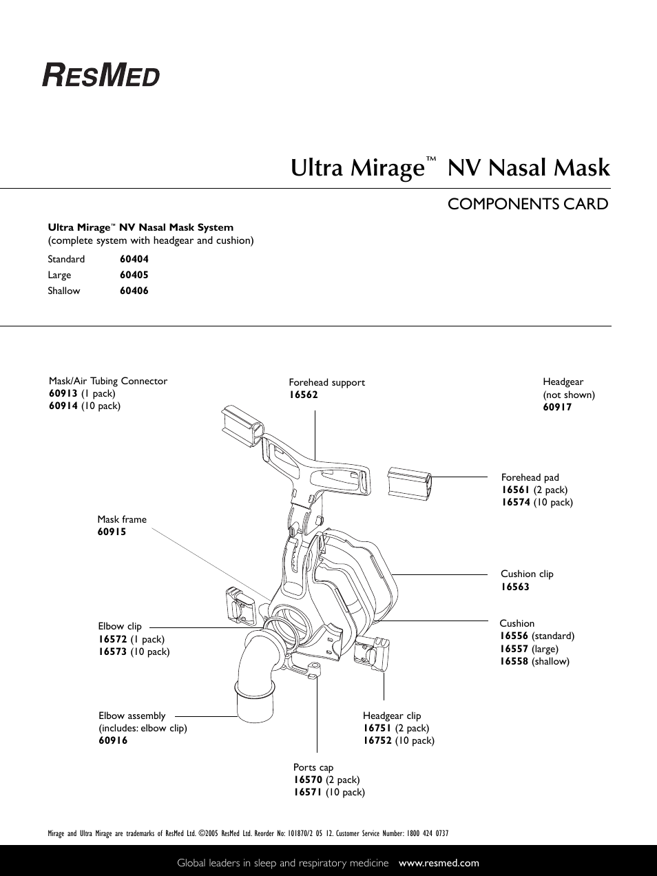 ResMed Ultra Mirage NV Nasal Mask User Manual | 1 page