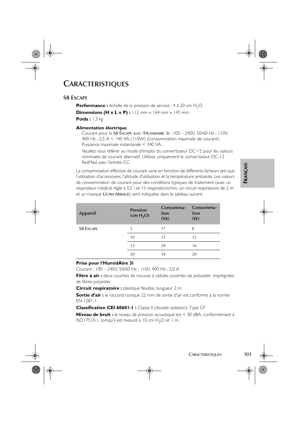 Aracteristiques, S8 e | ResMed S8 User Manual | Page 108 / 269