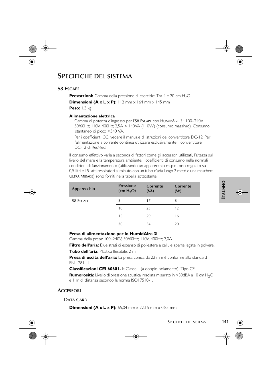 Pecifiche, Sistema, S8 e | ResMed S8 User Manual | Page 146 / 269