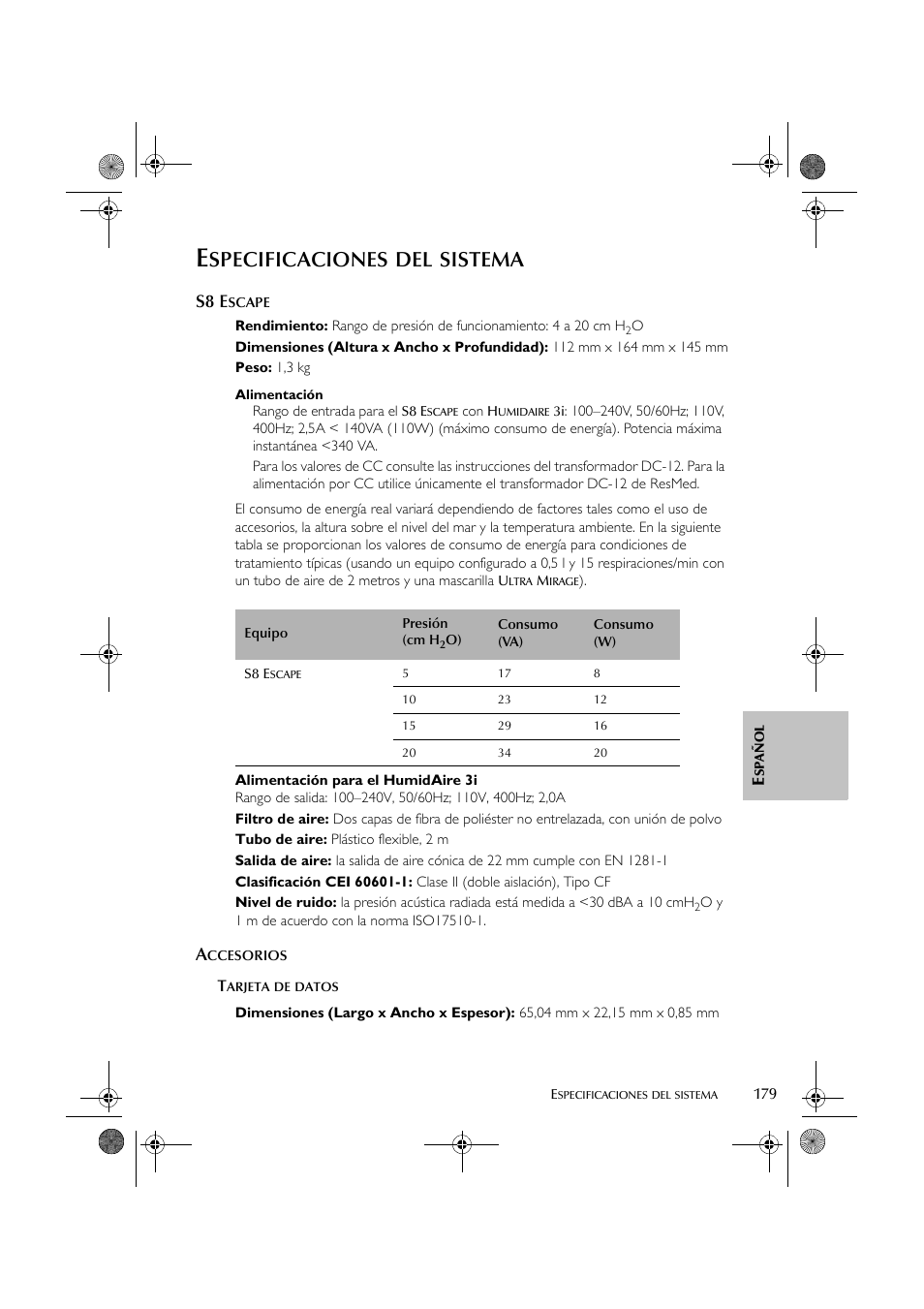 Specificaciones, Sistema, S8 e | ResMed S8 User Manual | Page 184 / 269