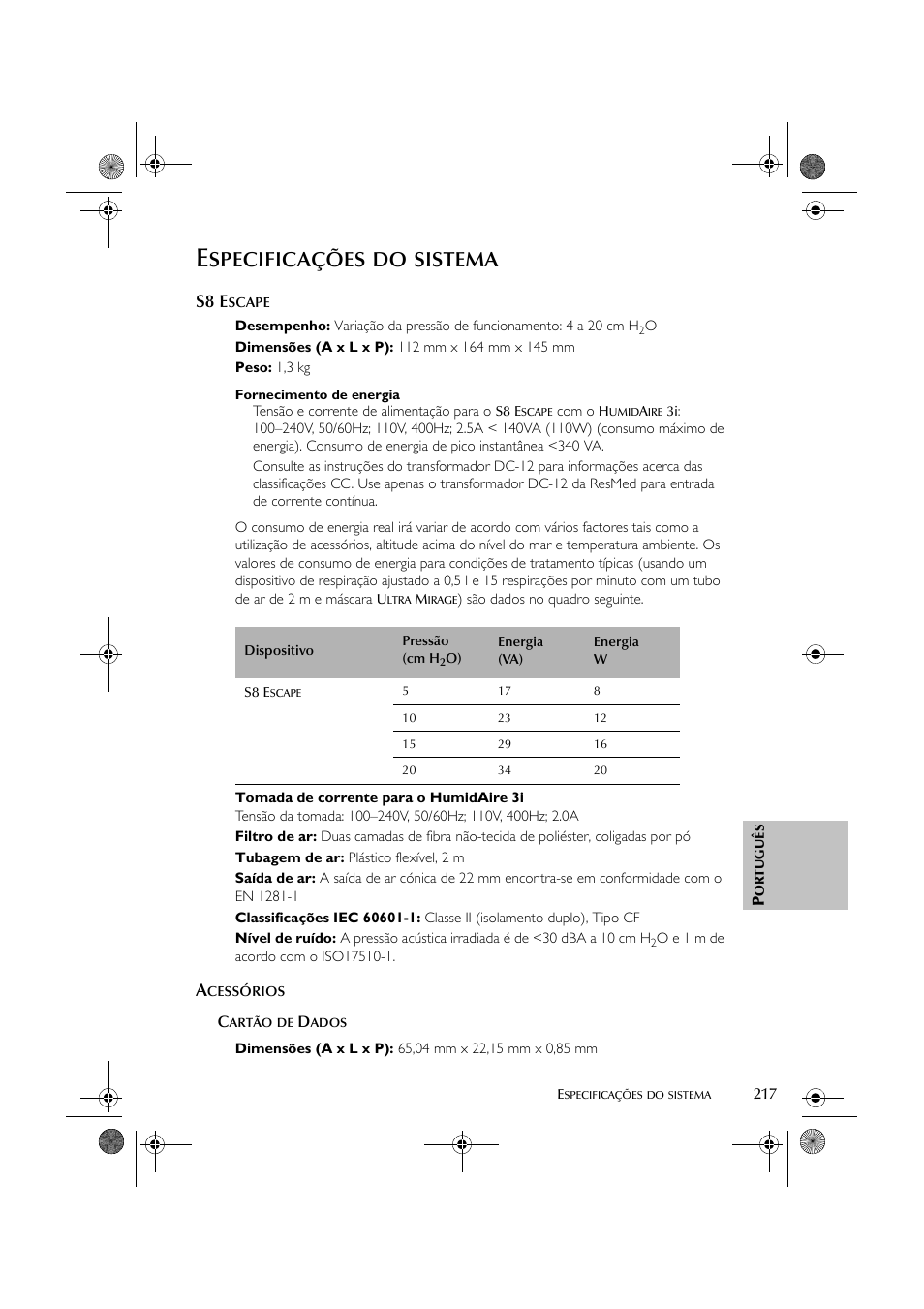 Specificações, Sistema, S8 e | ResMed S8 User Manual | Page 222 / 269
