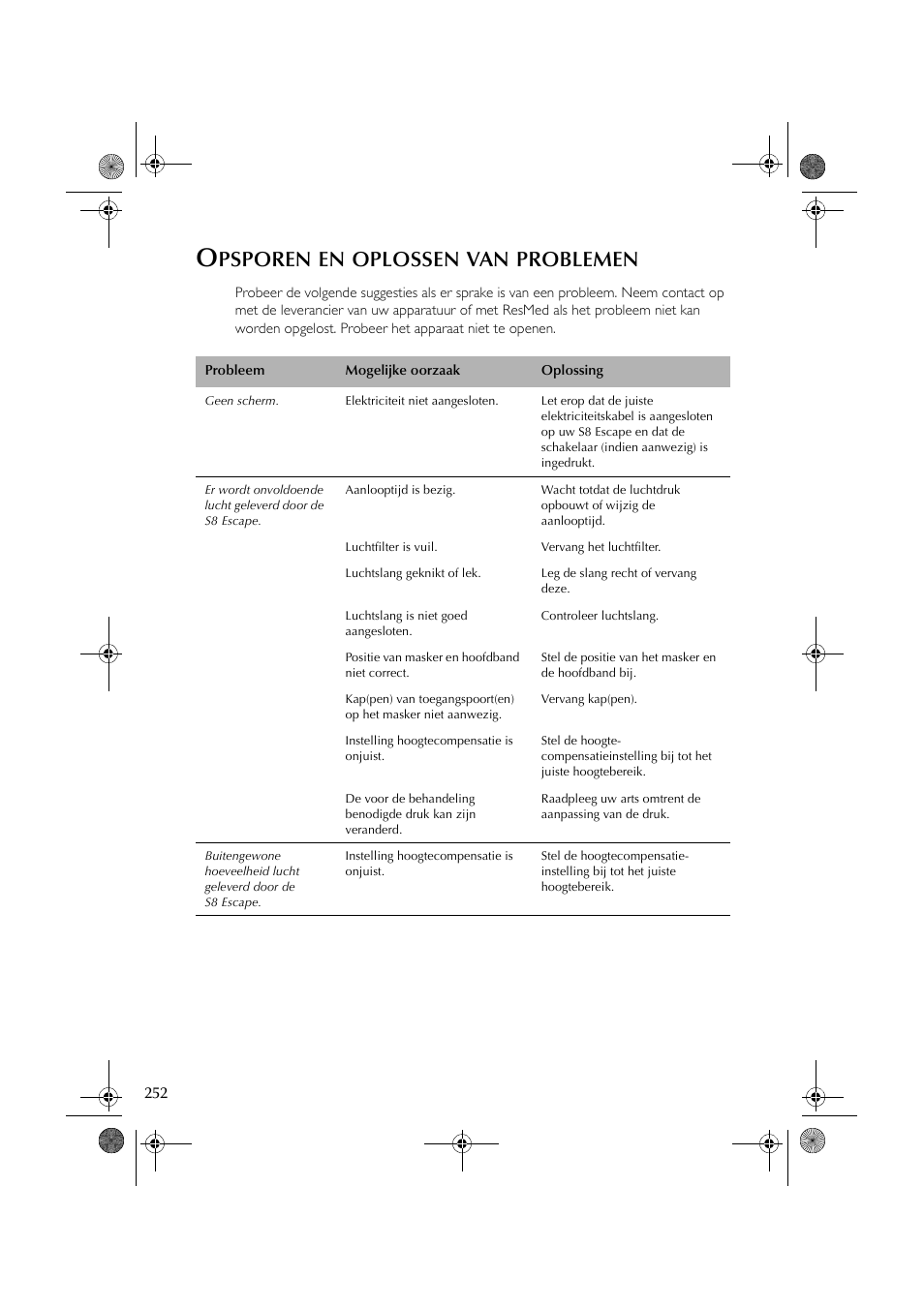Psporen, Oplossen, Problemen | ResMed S8 User Manual | Page 257 / 269