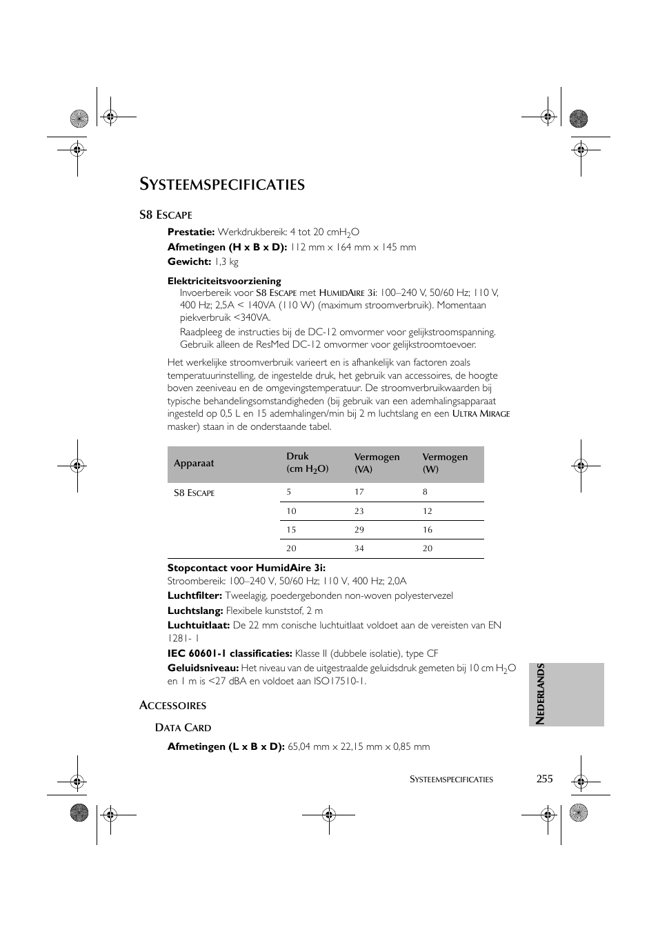Ysteemspecificaties, S8 e | ResMed S8 User Manual | Page 260 / 269