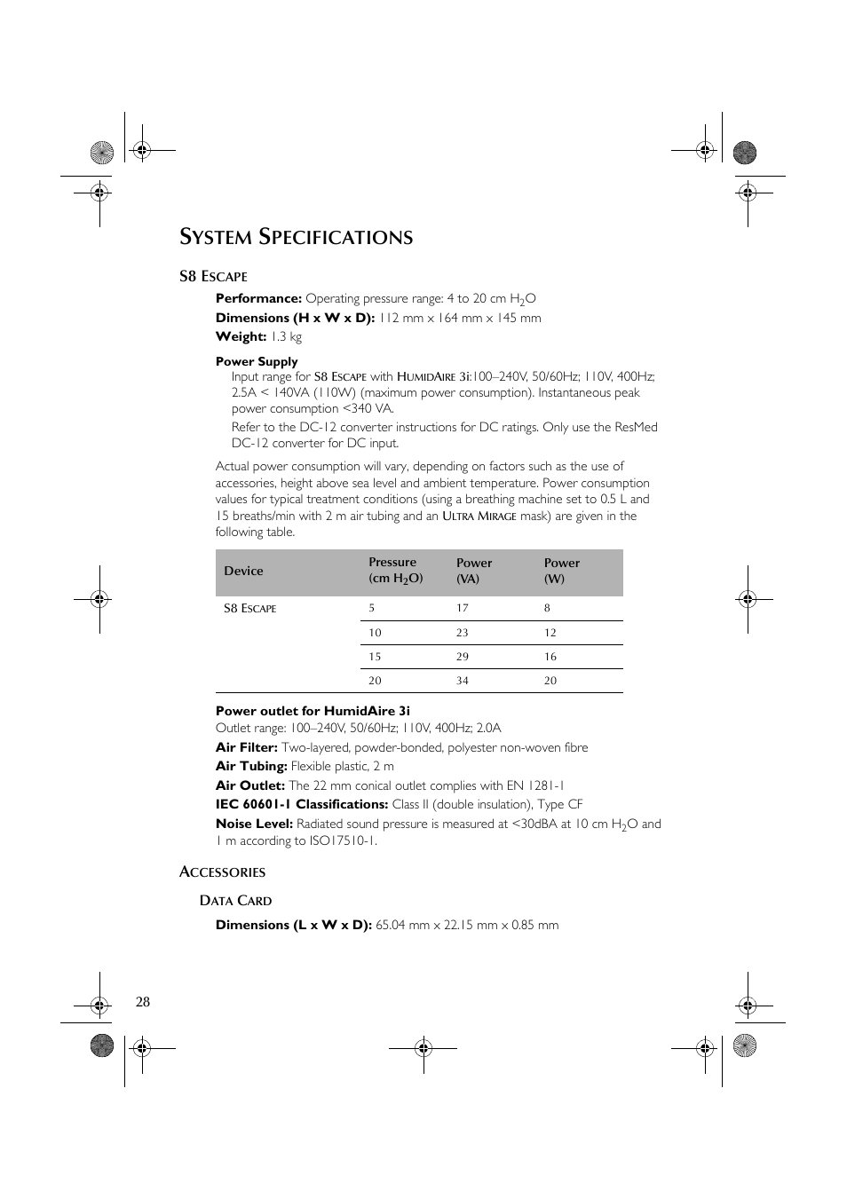 Ystem, Pecifications, S8 e | ResMed S8 User Manual | Page 33 / 269