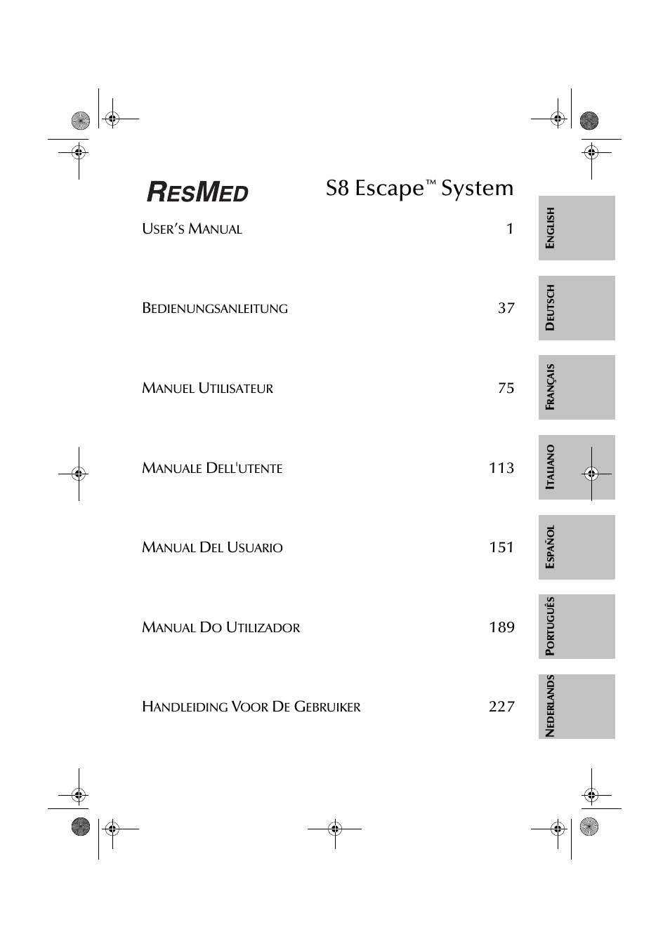 S8 escape, System, 75 b | 37 m, 189 h | ResMed S8 User Manual | Page 4 / 269