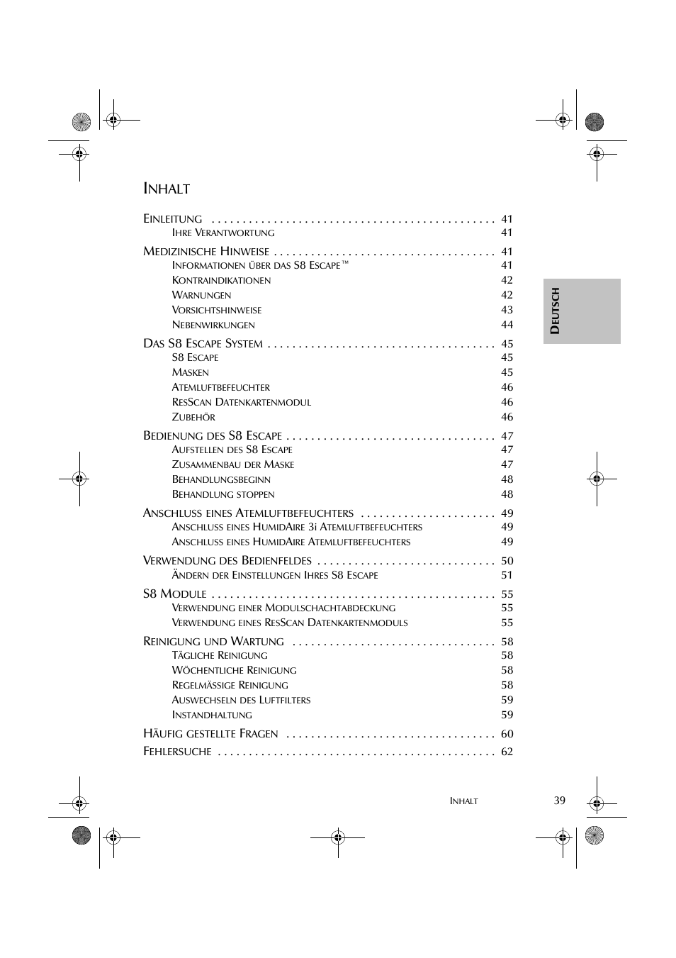 Nhalt | ResMed S8 User Manual | Page 44 / 269