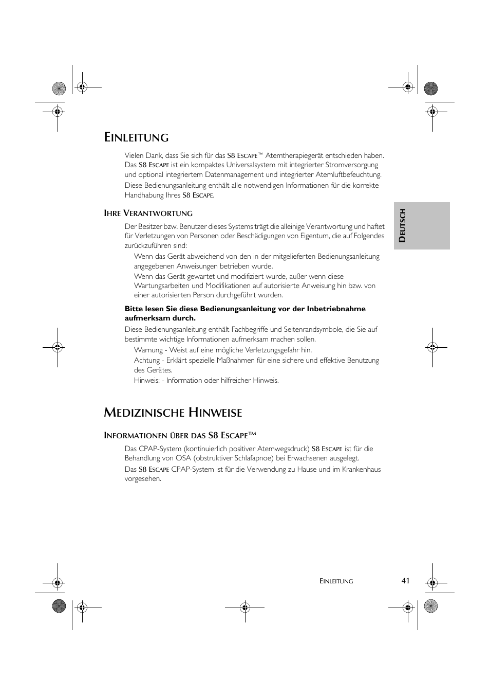 Inleitung, Edizinische, Inweise | ResMed S8 User Manual | Page 46 / 269