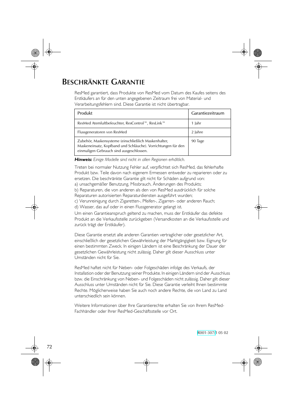 Eschränkte, Arantie | ResMed S8 User Manual | Page 77 / 269