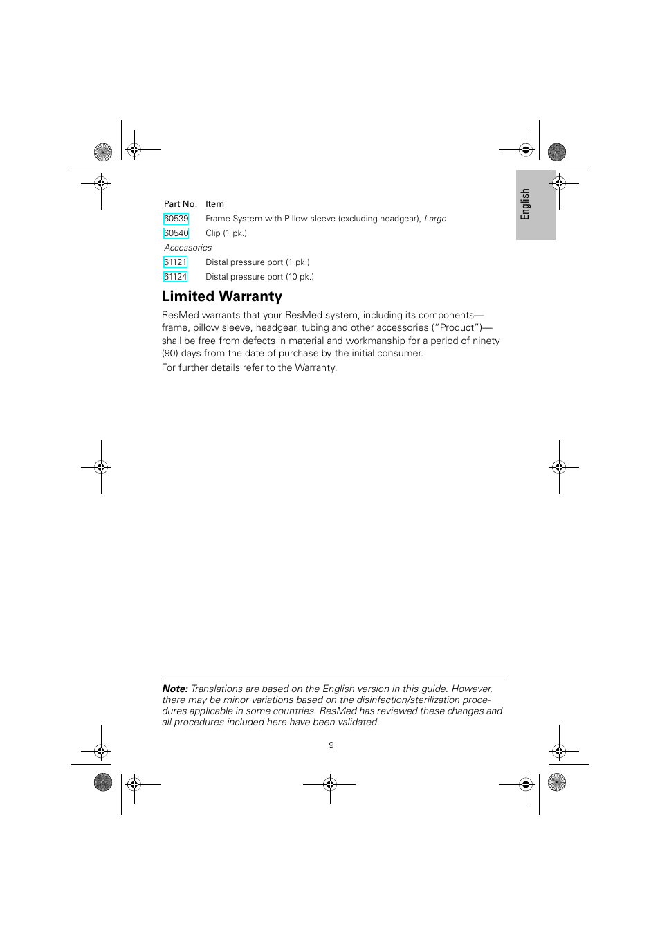 Limited warranty | ResMed MIRAGE SWIFT II 60891/1 User Manual | Page 13 / 76