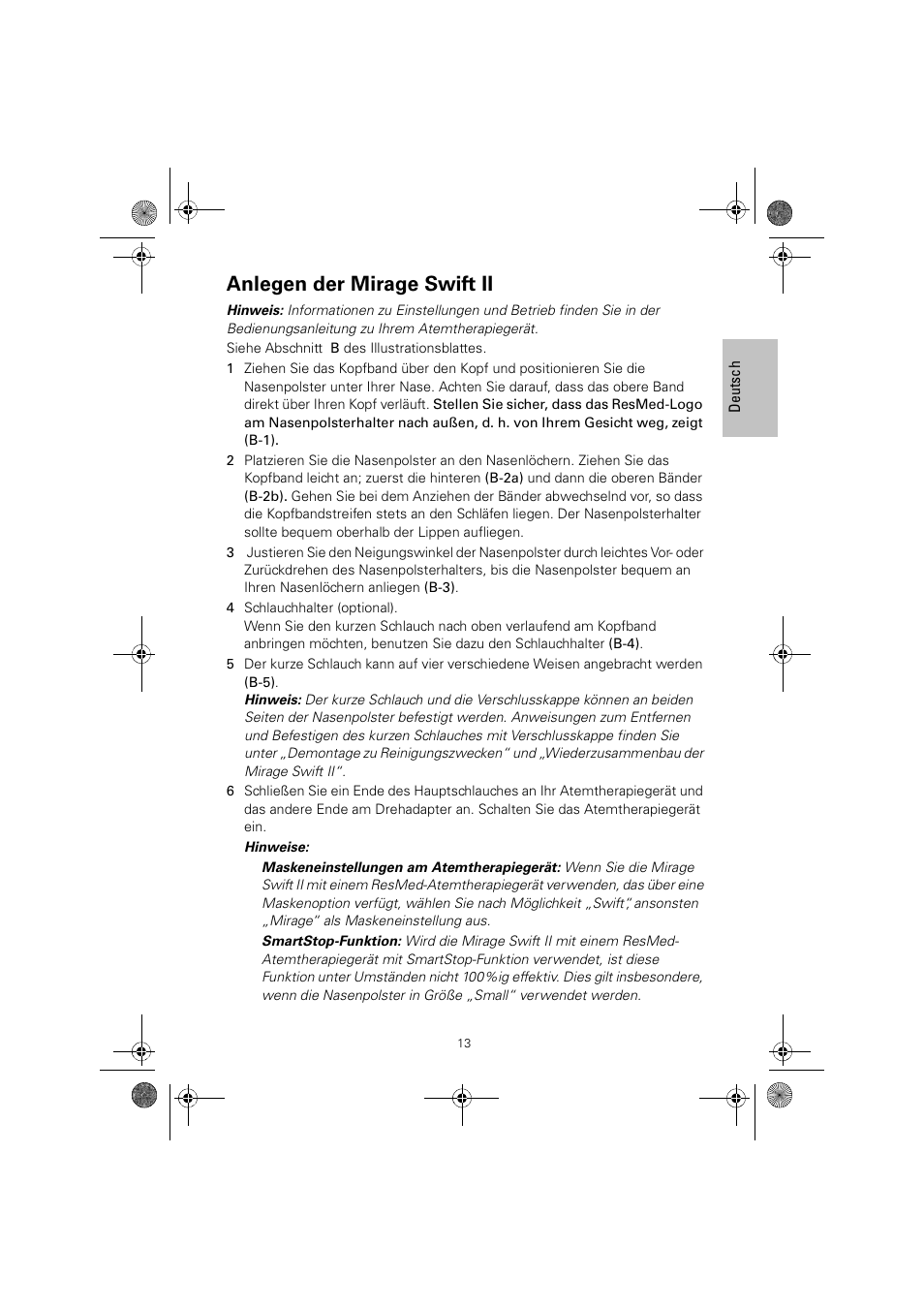 Anlegen der mirage swift ii | ResMed MIRAGE SWIFT II 60891/1 User Manual | Page 17 / 76