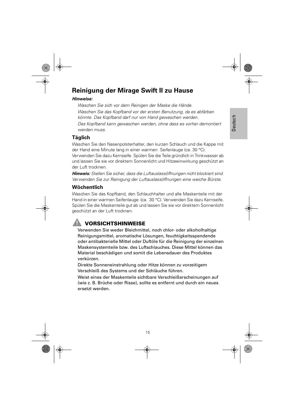 Reinigung der mirage swift ii zu hause | ResMed MIRAGE SWIFT II 60891/1 User Manual | Page 19 / 76