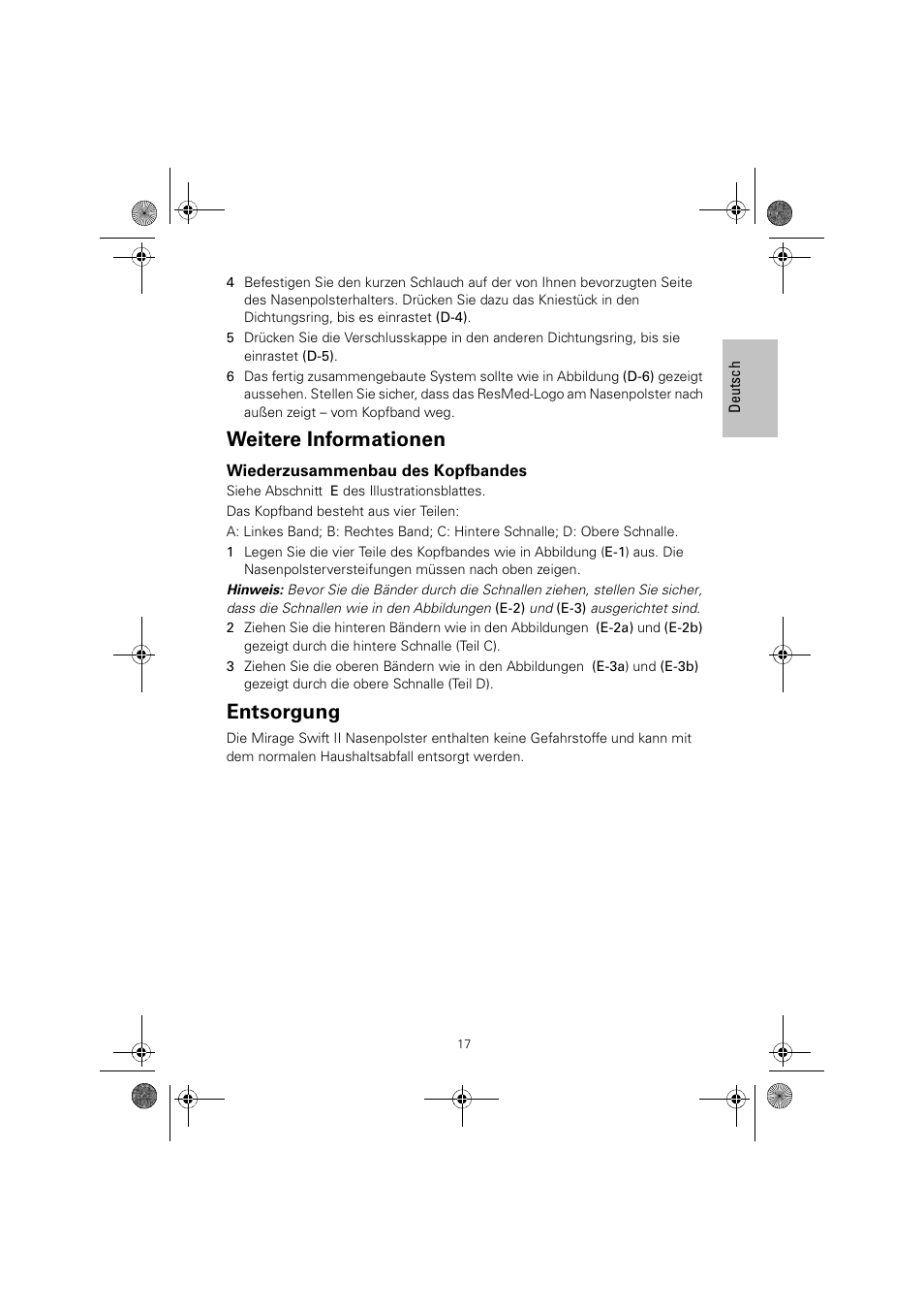 Weitere informationen, Entsorgung | ResMed MIRAGE SWIFT II 60891/1 User Manual | Page 21 / 76