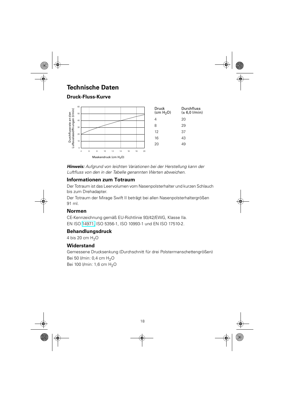 Technische daten, Druck-fluss-kurve, Informationen zum totraum | Normen, Behandlungsdruck, Widerstand, 4 bis 20 cm h | ResMed MIRAGE SWIFT II 60891/1 User Manual | Page 22 / 76