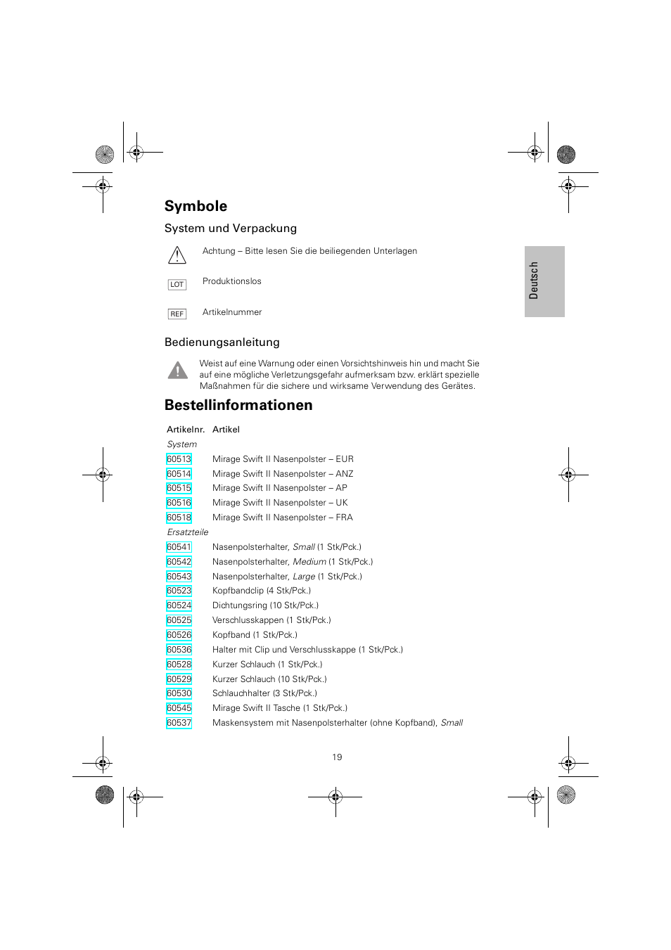 Symbole, Bestellinformationen, System und verpackung bedienungsanleitung | ResMed MIRAGE SWIFT II 60891/1 User Manual | Page 23 / 76