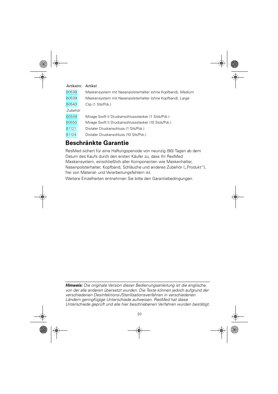 Beschränkte garantie | ResMed MIRAGE SWIFT II 60891/1 User Manual | Page 24 / 76