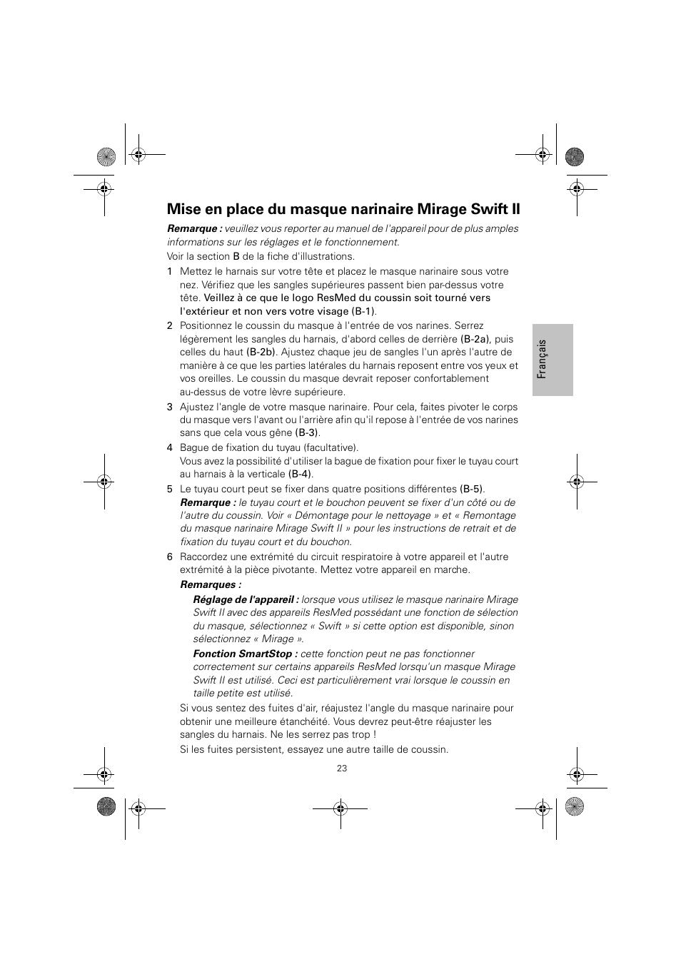 Mise en place du masque narinaire mirage swift ii | ResMed MIRAGE SWIFT II 60891/1 User Manual | Page 27 / 76