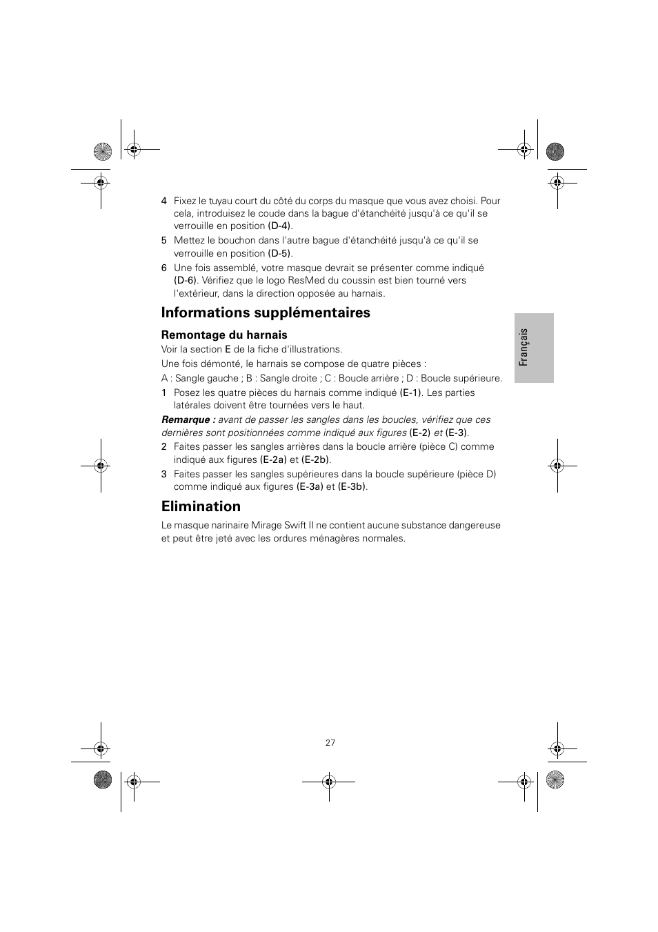 Informations supplémentaires, Elimination | ResMed MIRAGE SWIFT II 60891/1 User Manual | Page 31 / 76