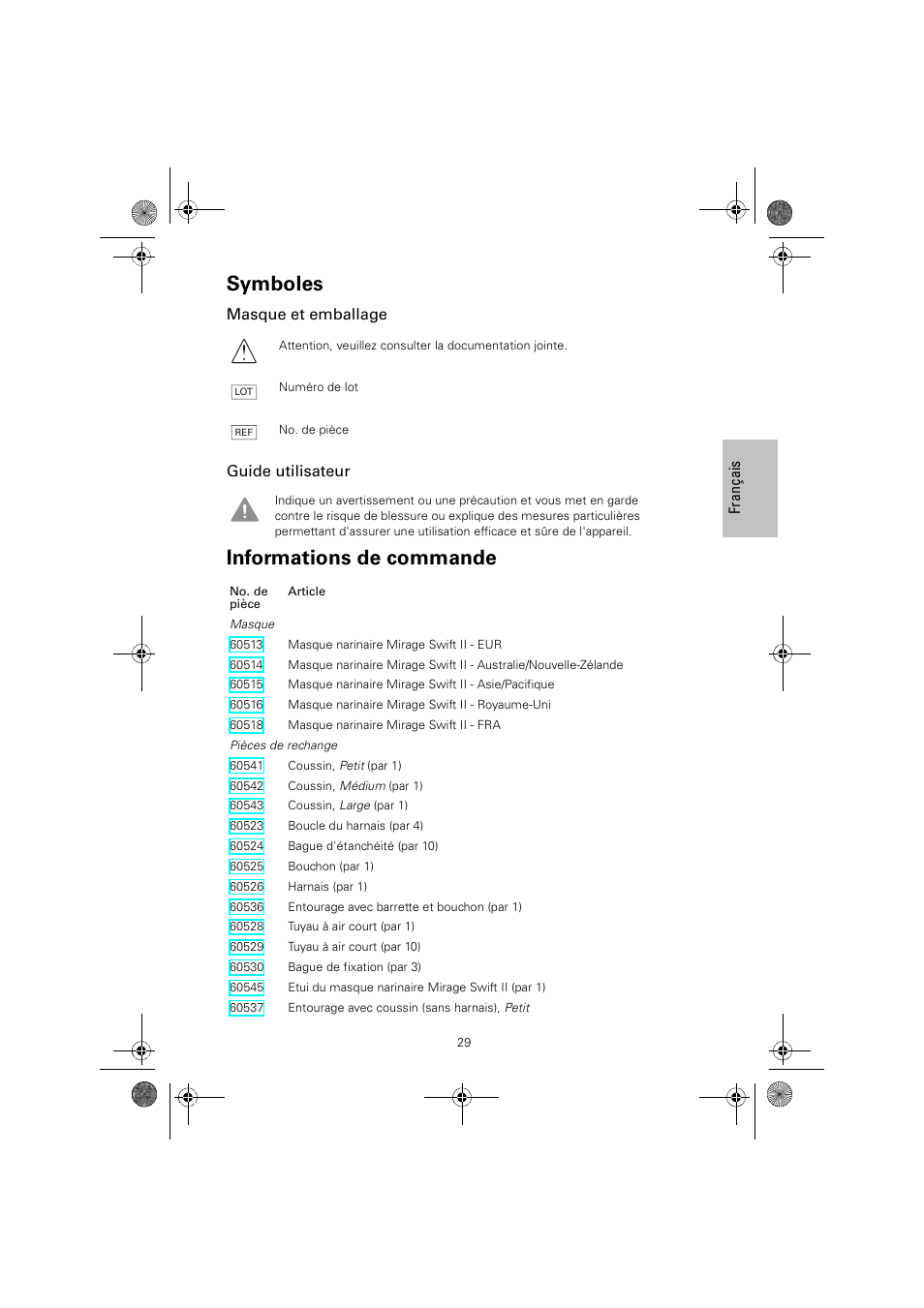 Symboles, Informations de commande, Masque et emballage guide utilisateur | ResMed MIRAGE SWIFT II 60891/1 User Manual | Page 33 / 76