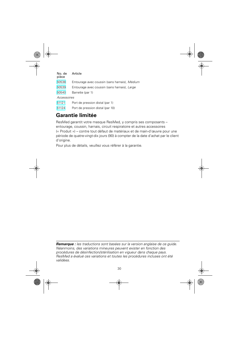 Garantie limitée | ResMed MIRAGE SWIFT II 60891/1 User Manual | Page 34 / 76