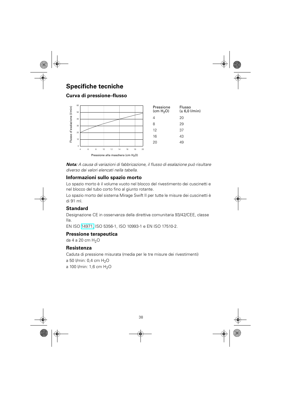 Specifiche tecniche, Curva di pressione–flusso, Informazioni sullo spazio morto | Standard, Pressione terapeutica, Resistenza, Da 4 a 20 cm h | ResMed MIRAGE SWIFT II 60891/1 User Manual | Page 42 / 76