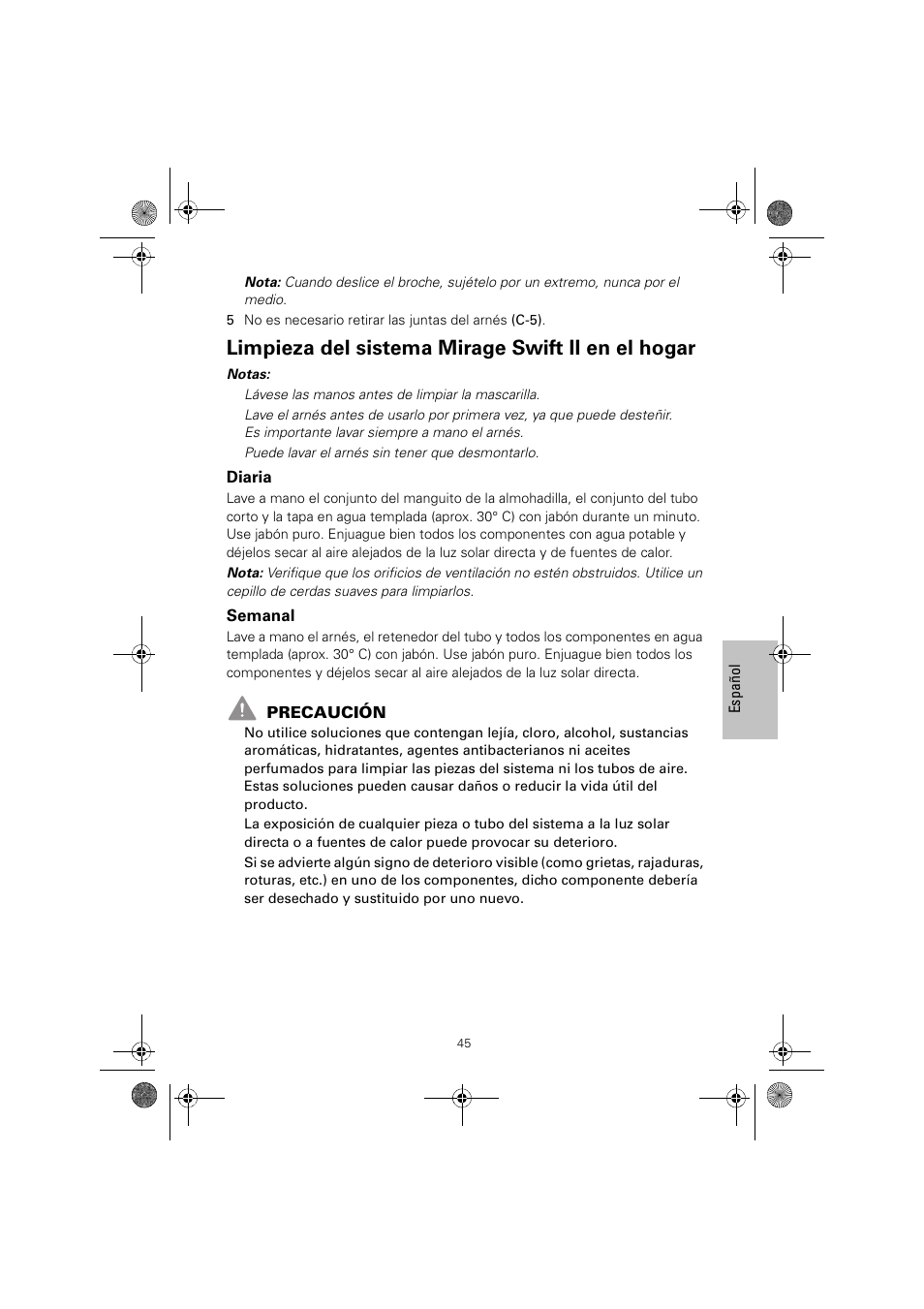 Limpieza del sistema mirage swift ii en el hogar | ResMed MIRAGE SWIFT II 60891/1 User Manual | Page 49 / 76