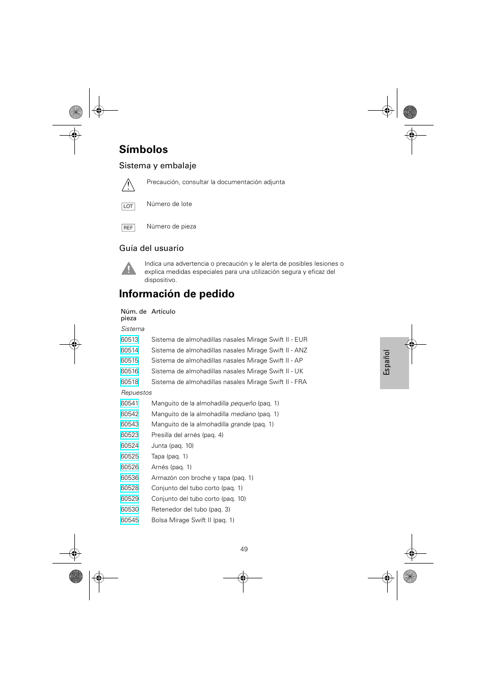 Símbolos, Información de pedido | ResMed MIRAGE SWIFT II 60891/1 User Manual | Page 53 / 76