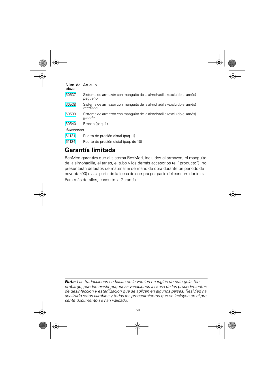 Garantía limitada | ResMed MIRAGE SWIFT II 60891/1 User Manual | Page 54 / 76