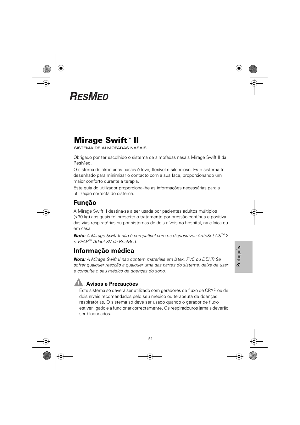 Mirage swift, Função, Informação médica | ResMed MIRAGE SWIFT II 60891/1 User Manual | Page 55 / 76