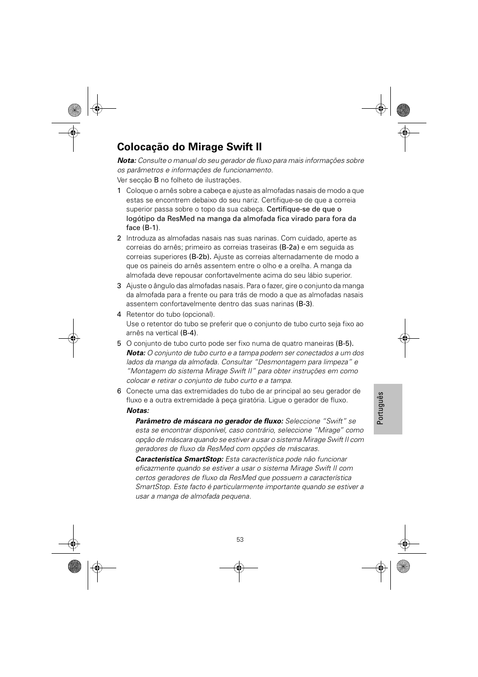 Colocação do mirage swift ii | ResMed MIRAGE SWIFT II 60891/1 User Manual | Page 57 / 76