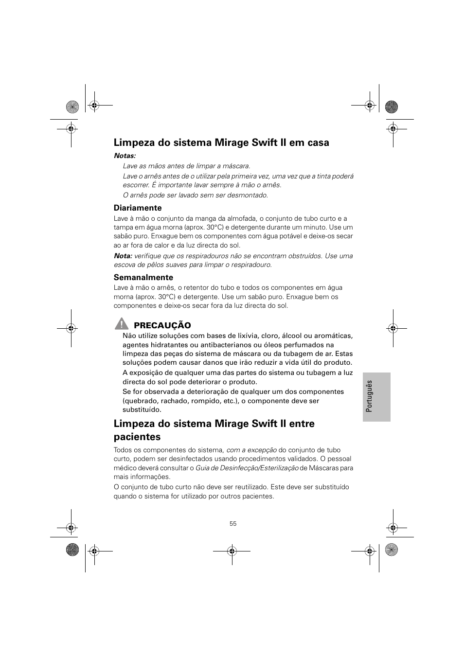 Limpeza do sistema mirage swift ii em casa, Limpeza do sistema mirage swift ii entre pacientes | ResMed MIRAGE SWIFT II 60891/1 User Manual | Page 59 / 76