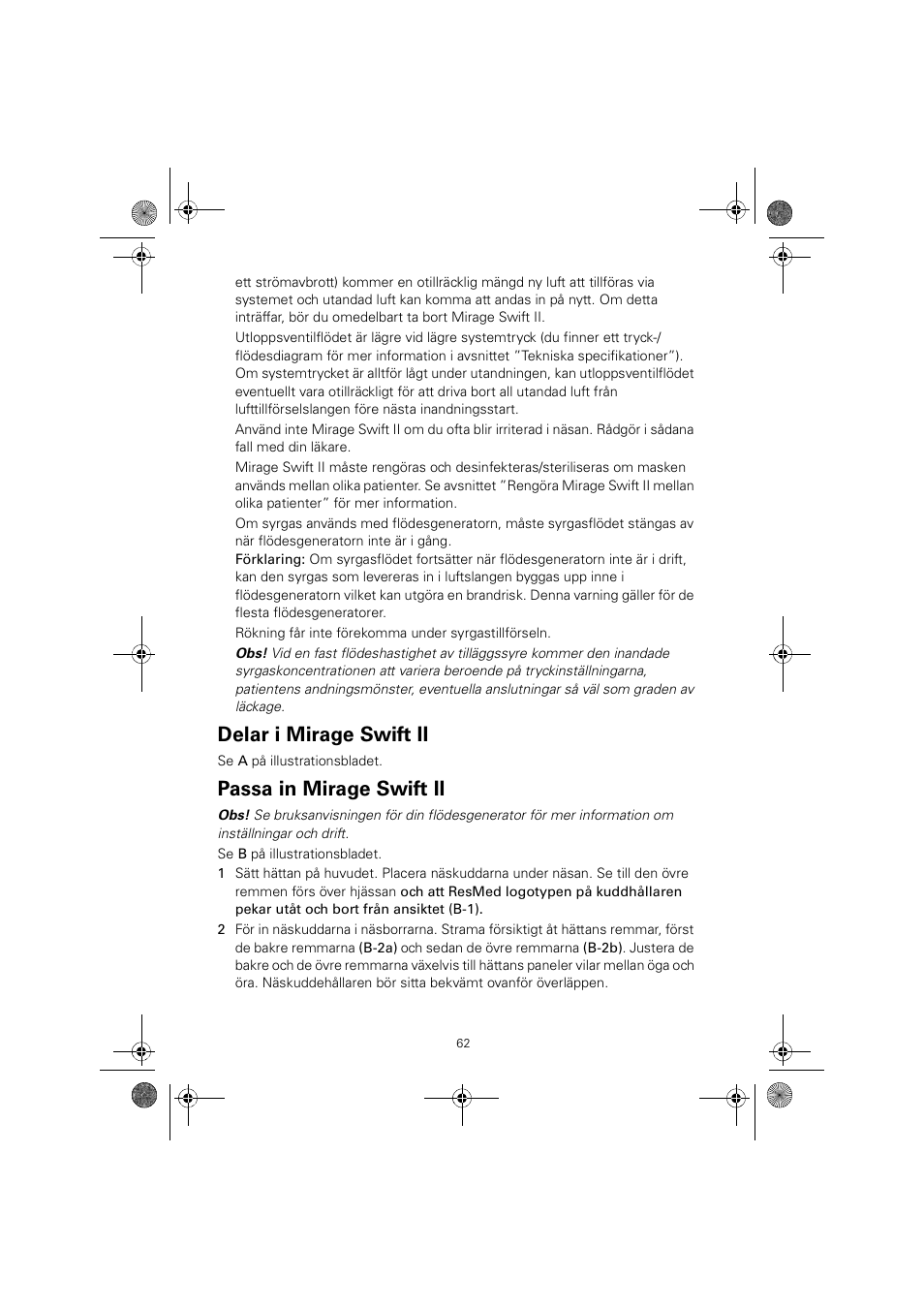 Delar i mirage swift ii, Passa in mirage swift ii | ResMed MIRAGE SWIFT II 60891/1 User Manual | Page 66 / 76