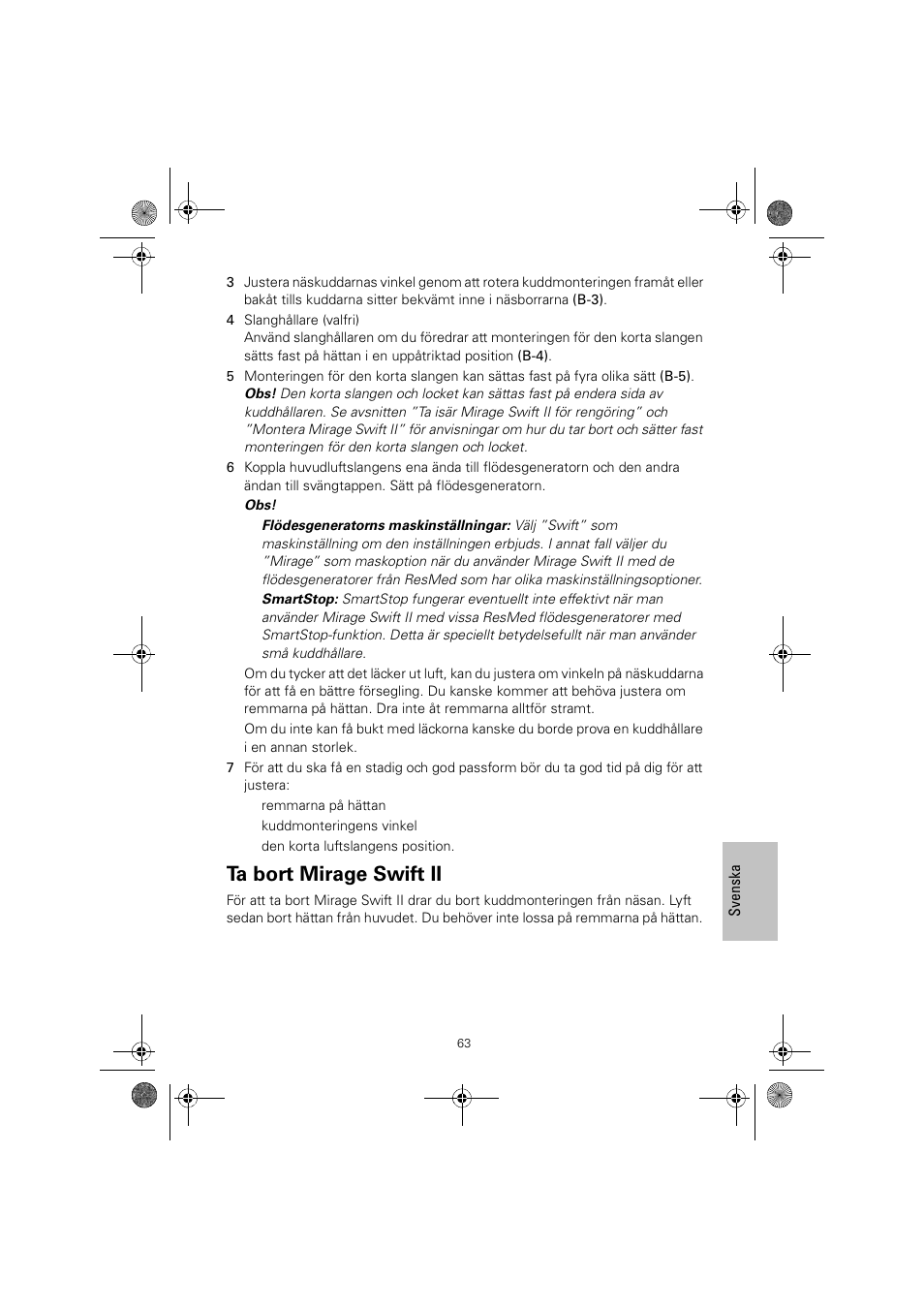 Ta bort mirage swift ii | ResMed MIRAGE SWIFT II 60891/1 User Manual | Page 67 / 76