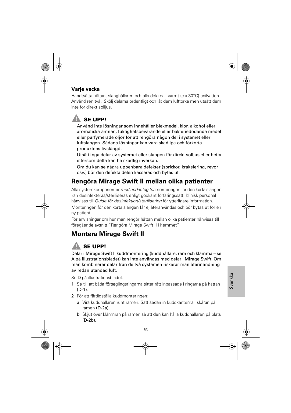 Rengöra mirage swift ii mellan olika patienter, Montera mirage swift ii | ResMed MIRAGE SWIFT II 60891/1 User Manual | Page 69 / 76